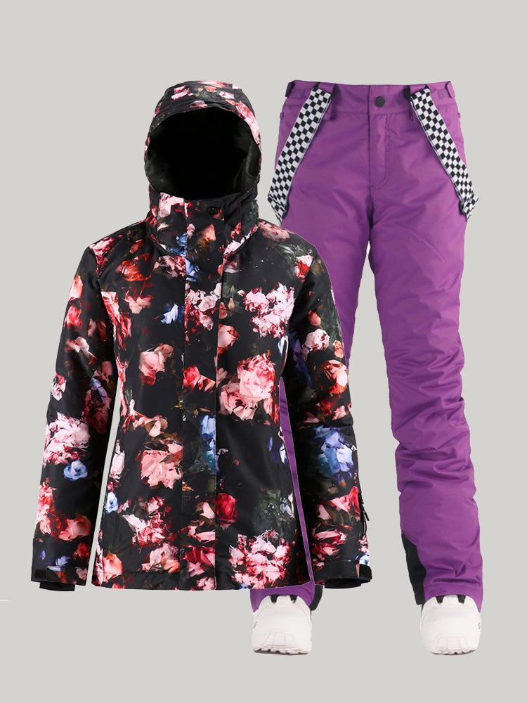 Rose Waterproof Colorful Snowboard Jacket Black Pants Sets Ski Suits Ins Street