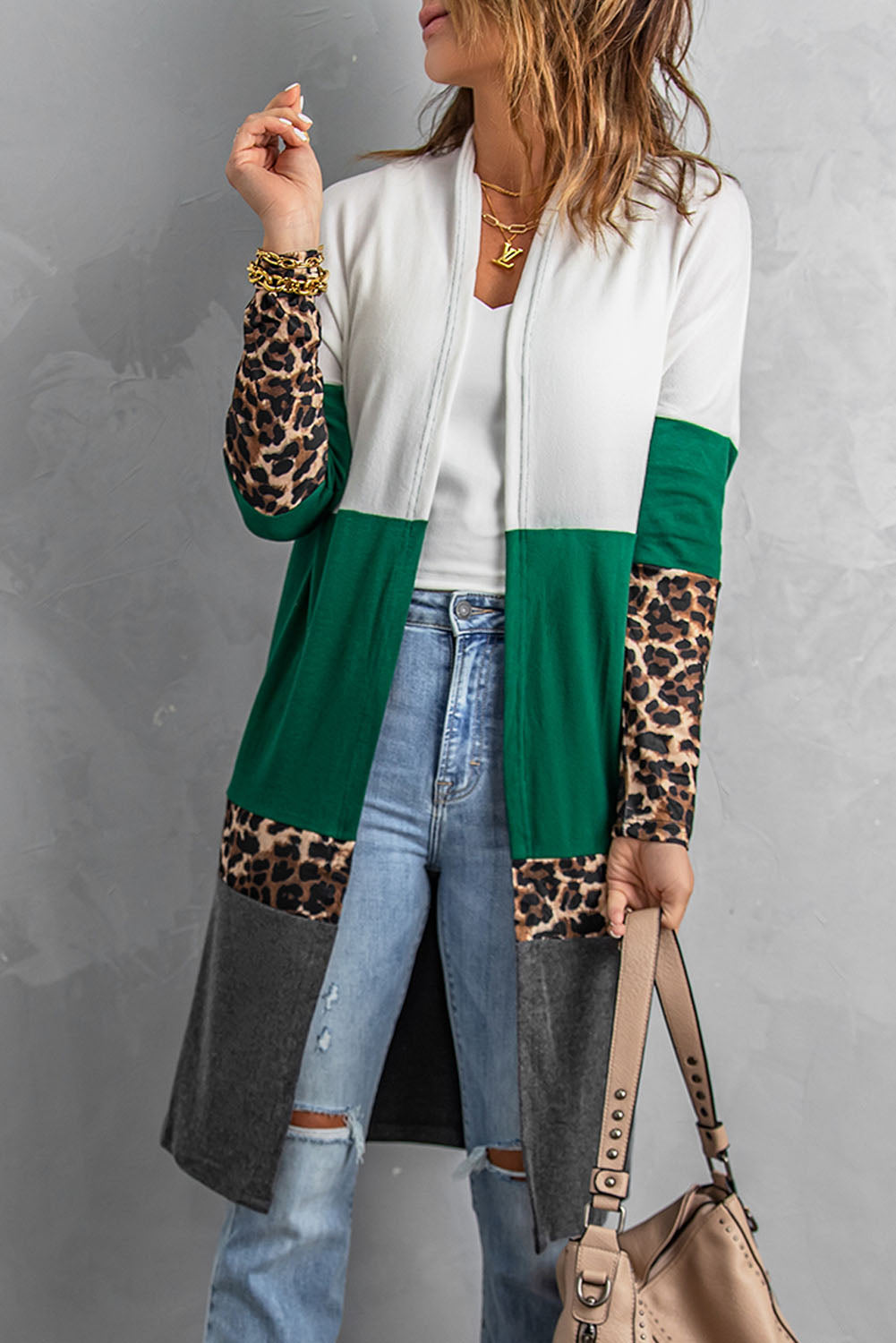 Leopard Color Block Open Front Longline Cardigan Ins Street