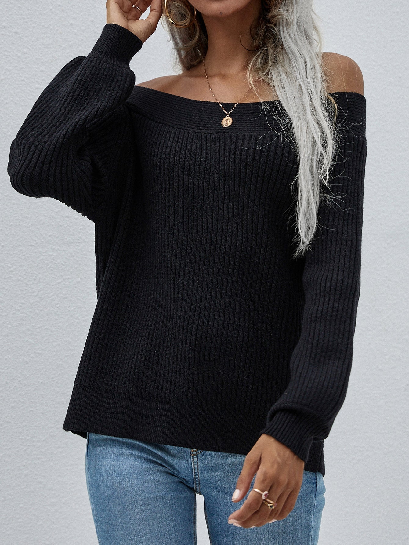 Off-Shoulder Rib-Knit Sweater Ins Street