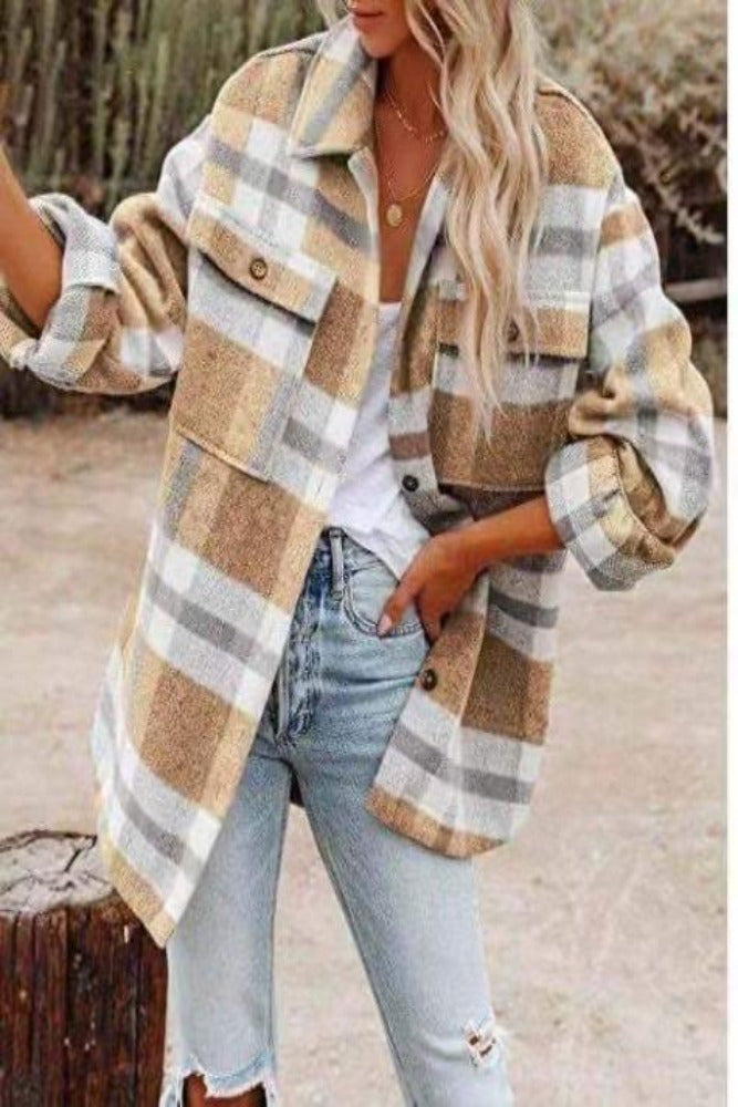 Women's Long Sleeve Loose Woolen Plaid Shirt Jacket Ins street