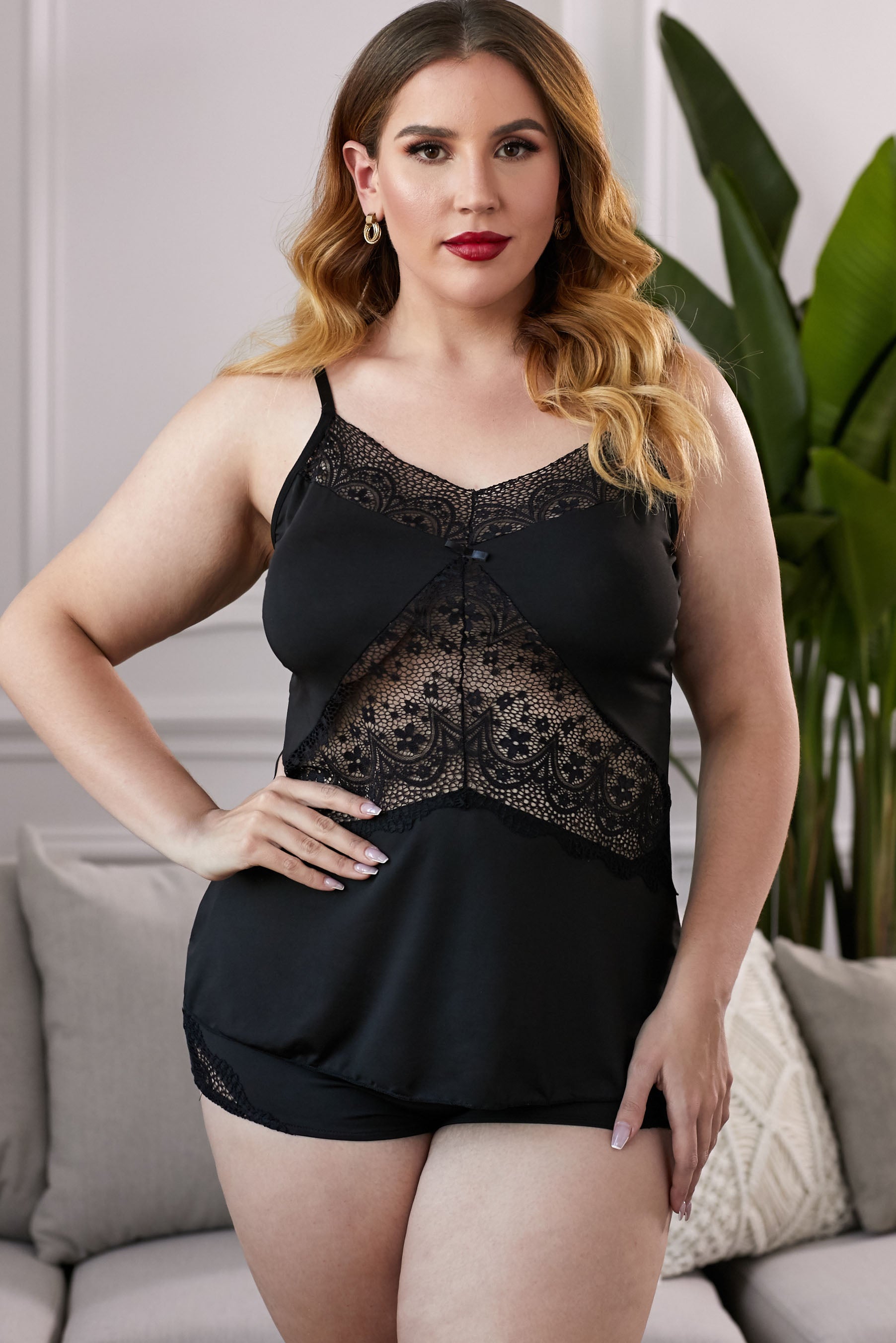 Lace Insert Plus Size Pajamas Set Ins Street