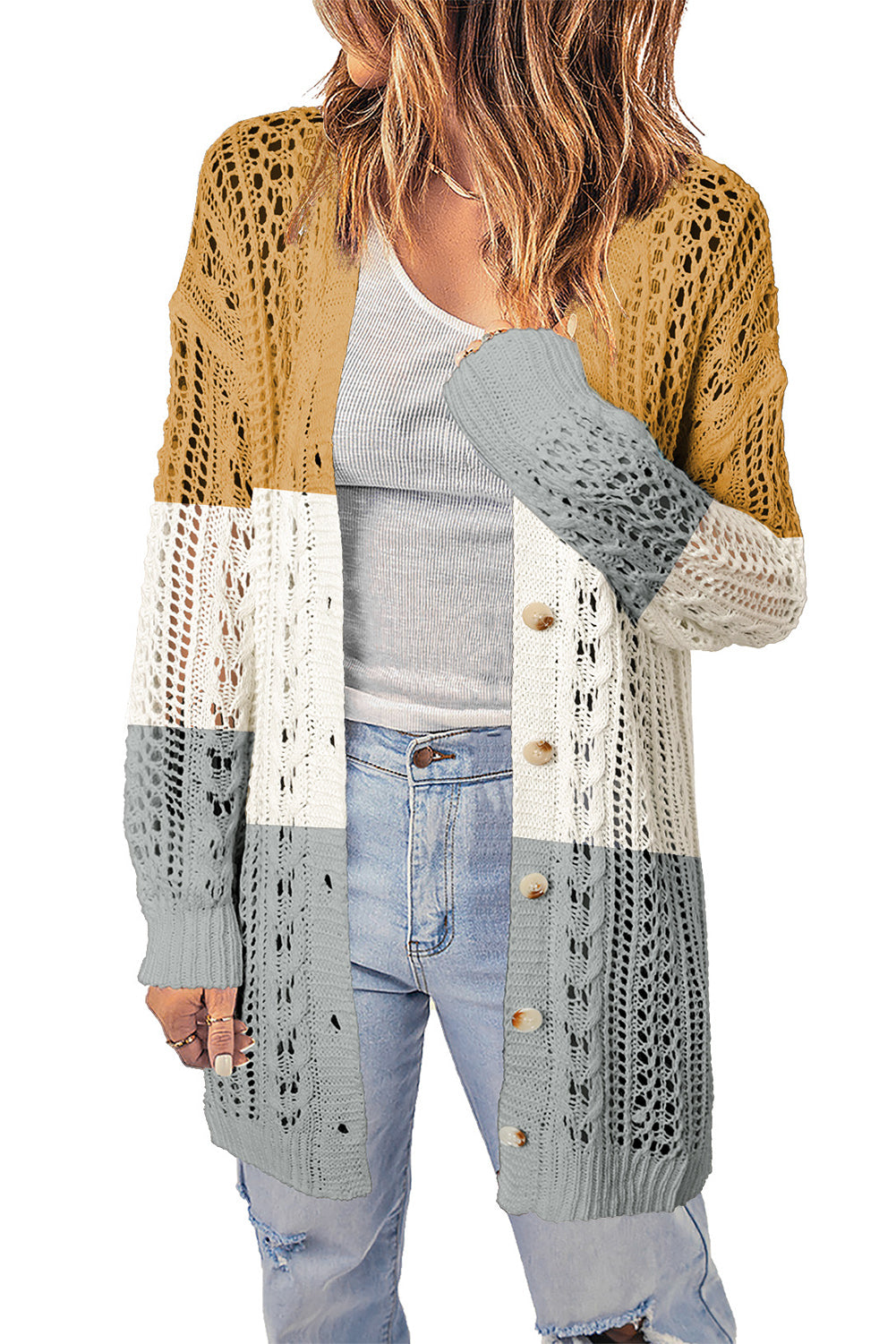 Openwork Ribbed Cuff Longline Cardigan Ins Street