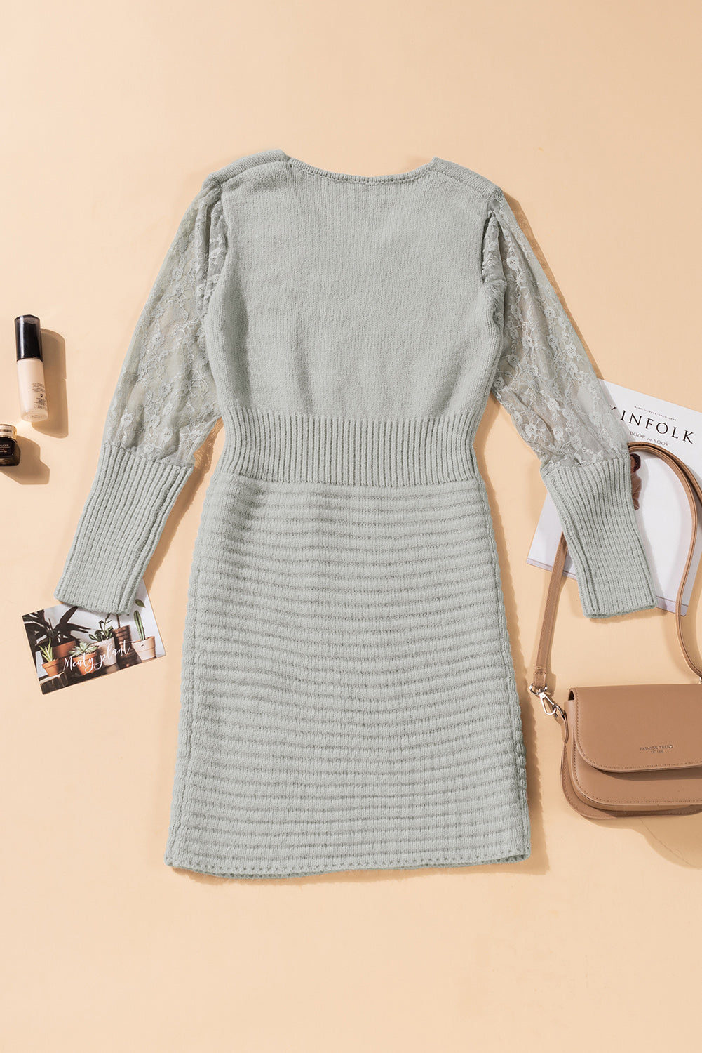 Lace Sleeve V-Neck Knit Dress Ins Street