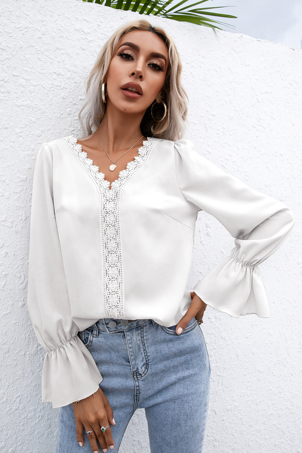 Lace Trim Flounce Sleeve Blouse Ins Street