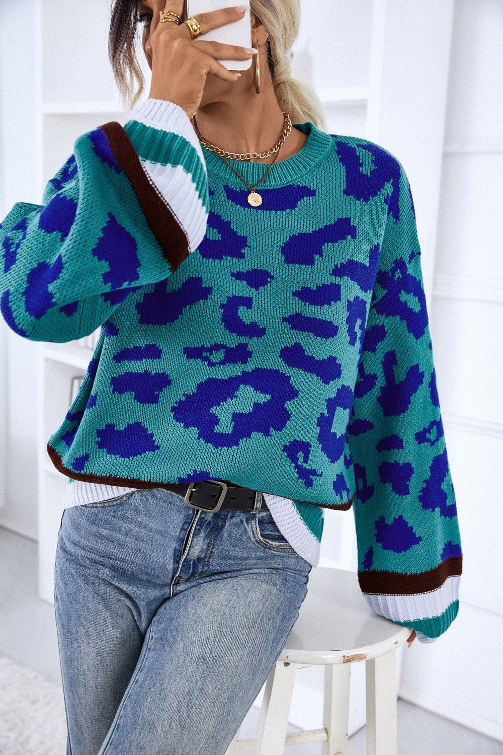 Leopard Round Neck Long Sleeve Sweater Ins Street