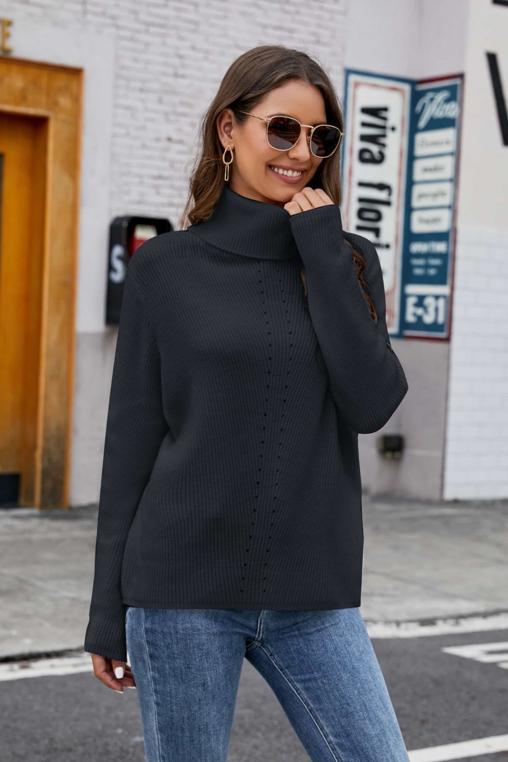 Openwork Turtleneck Rib-Knit Sweater Ins Street