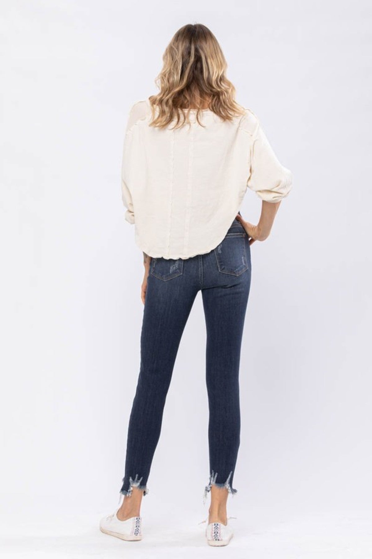 Mid-Rise Destroyed Hem Shark Bite Skinny Jeans Ins Street