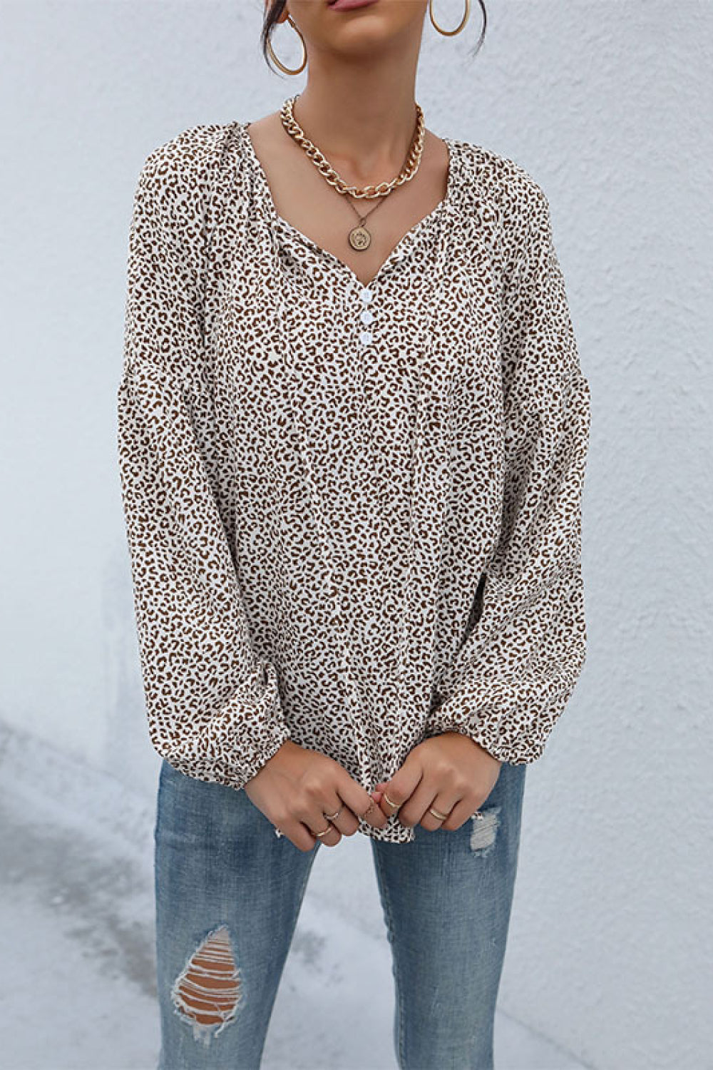 Leopard Print Tie Neck Blouse Ins Street