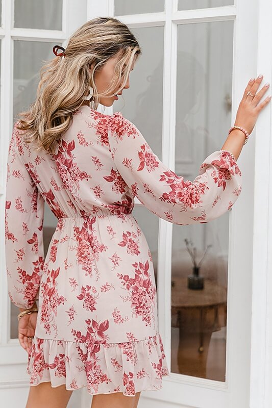 Simple Sexy Deep V-neck Print Dress Spring Long Sleeve Lace-up Women Dress Ins street