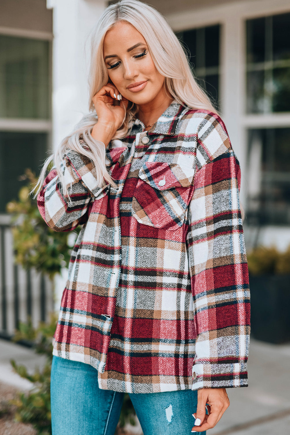 Plaid Button Front Shirt Jacket with Breast Pockets Ins Street