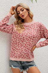 Leopard Ribbed Trim Round Neck Sweater Ins Street