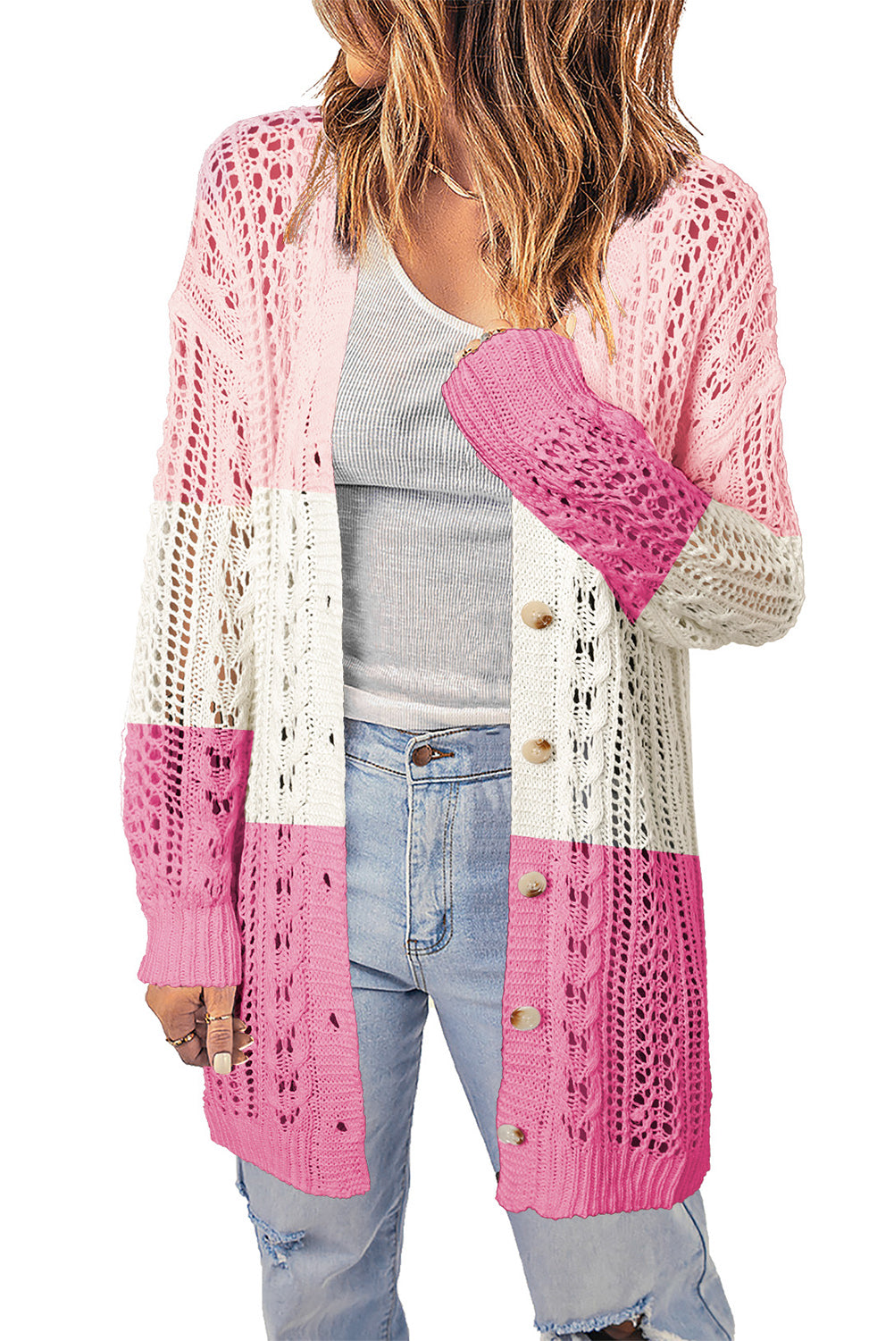 Openwork Ribbed Cuff Longline Cardigan Ins Street