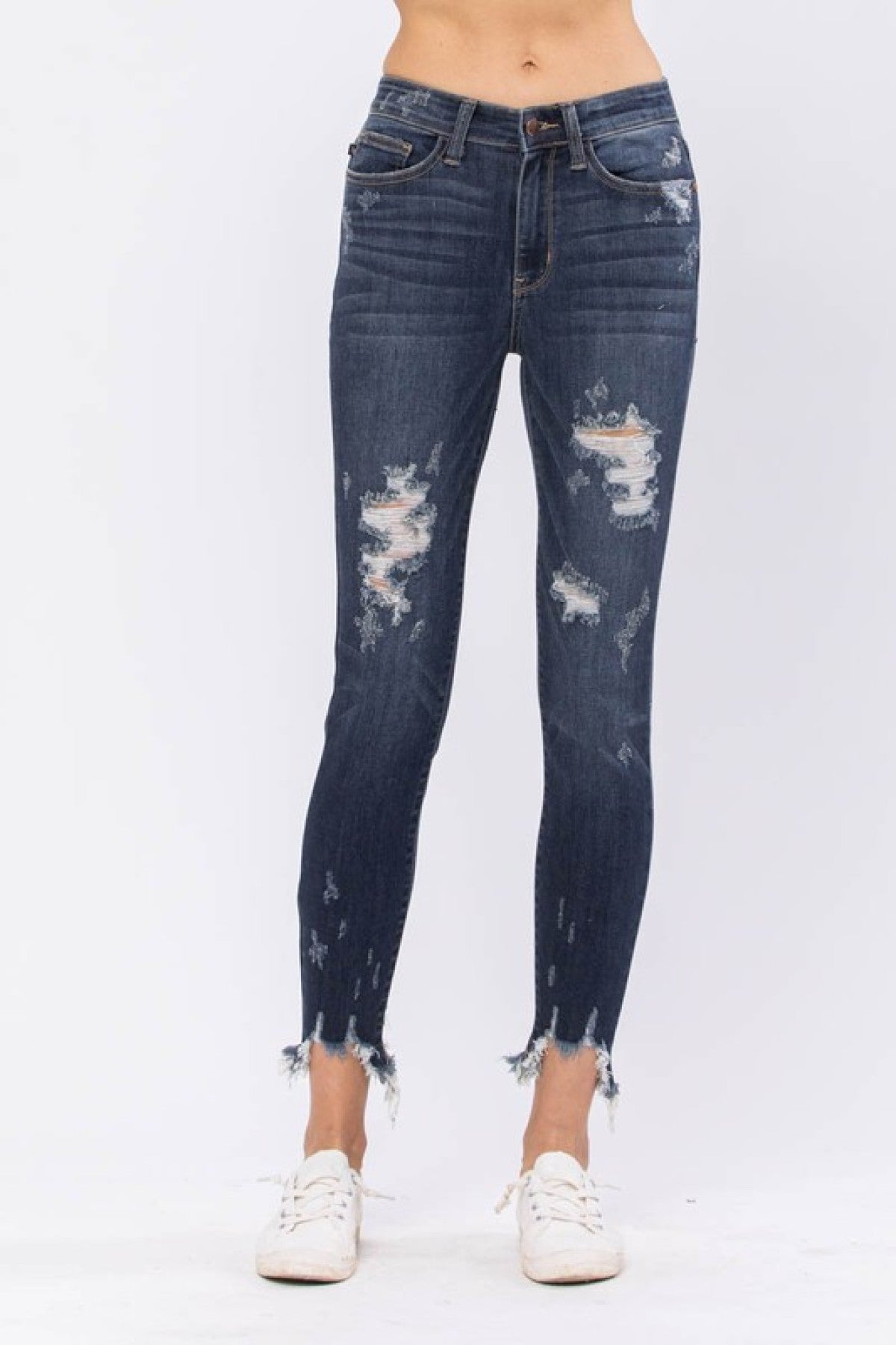 Mid-Rise Destroyed Hem Shark Bite Skinny Jeans Ins Street