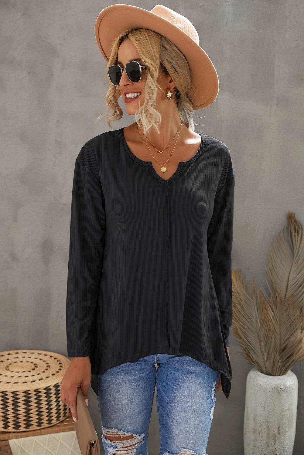 Notched Neck Asymmetric Hem Top Ins Street