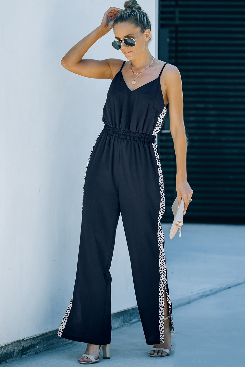 Leopard Contrast Spaghetti Strap Wide Leg Jumpsuit Ins Street