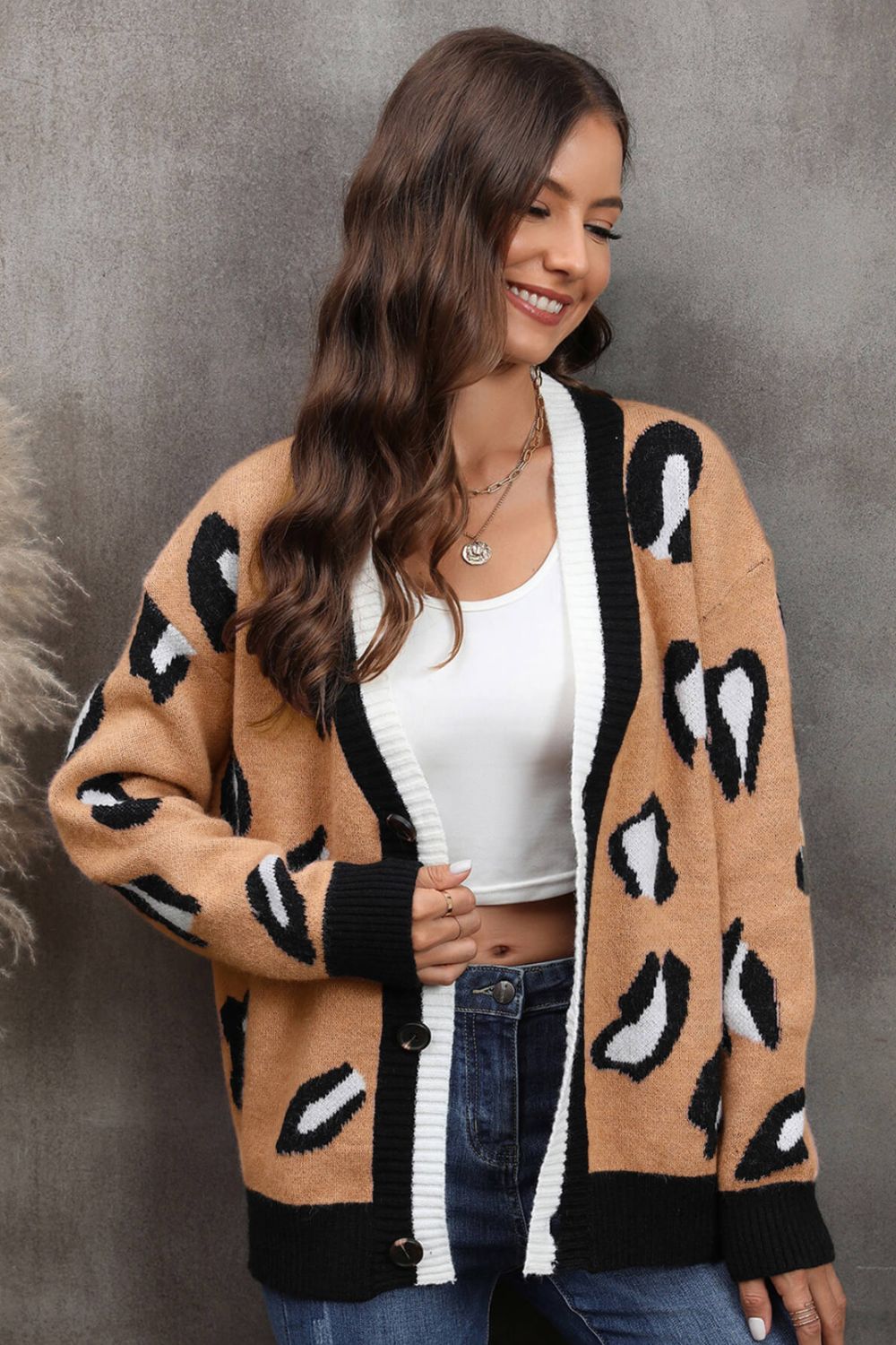 Leopard Ribbed Trim Drop Shoulder Cardigan Ins Street