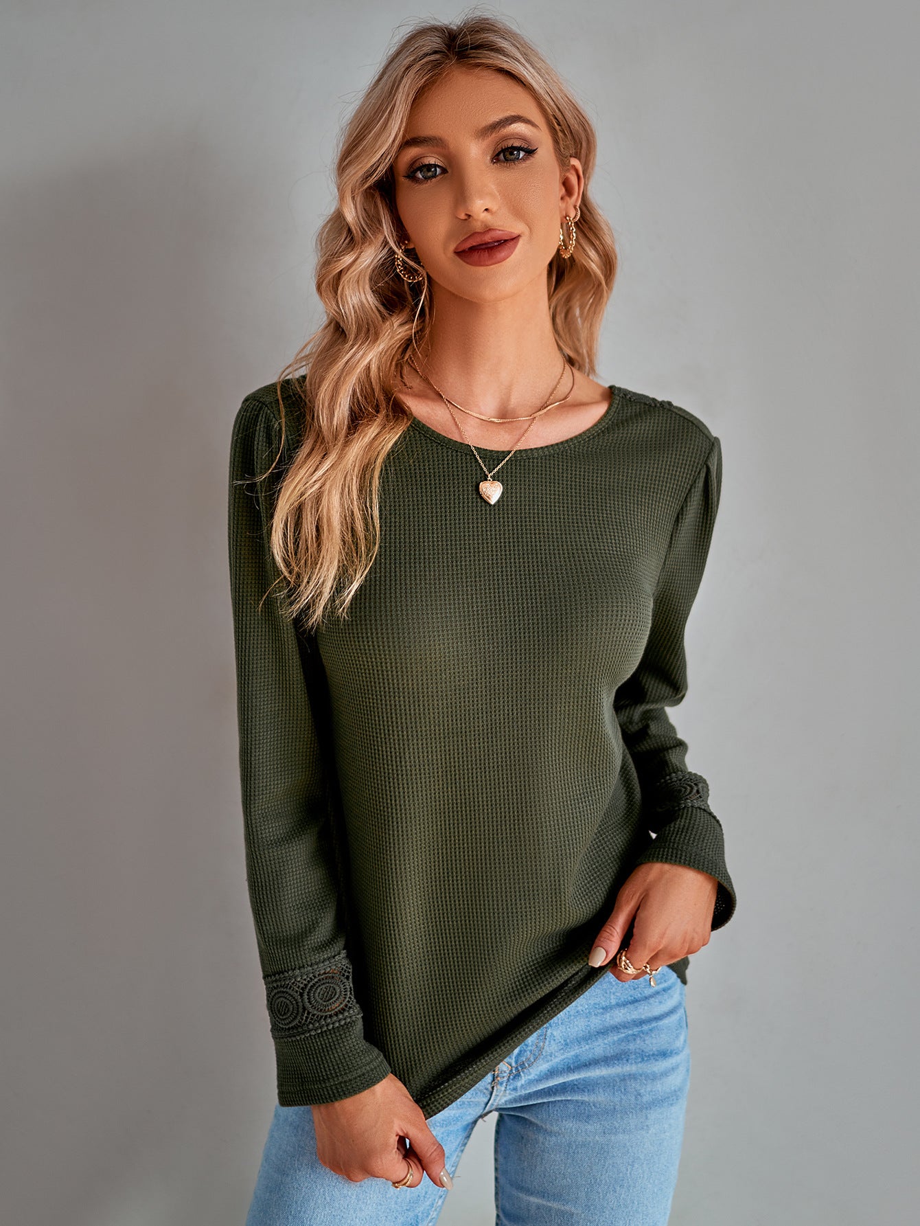 Lace Trim Waffle-Knit Round Neck Top Ins Street