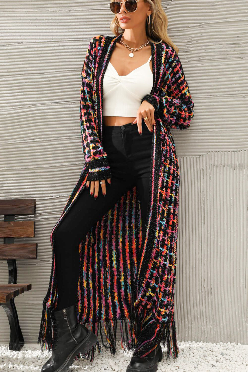 Multicolored Open Front Fringe Hem Cardigan Ins Street