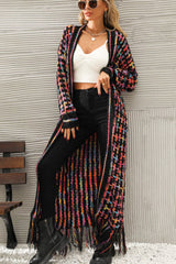 Multicolored Open Front Fringe Hem Cardigan Ins Street