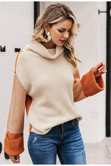 Contrast Sleeve Turn-Up Cuff Turtleneck Sweater Ins street