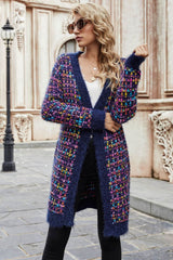 Multicolored Ribbed Trim Open Front Cardigan with Pockets Ins Street