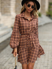 Plaid Drawstring Waist Button Front Shirt Dress Ins Street