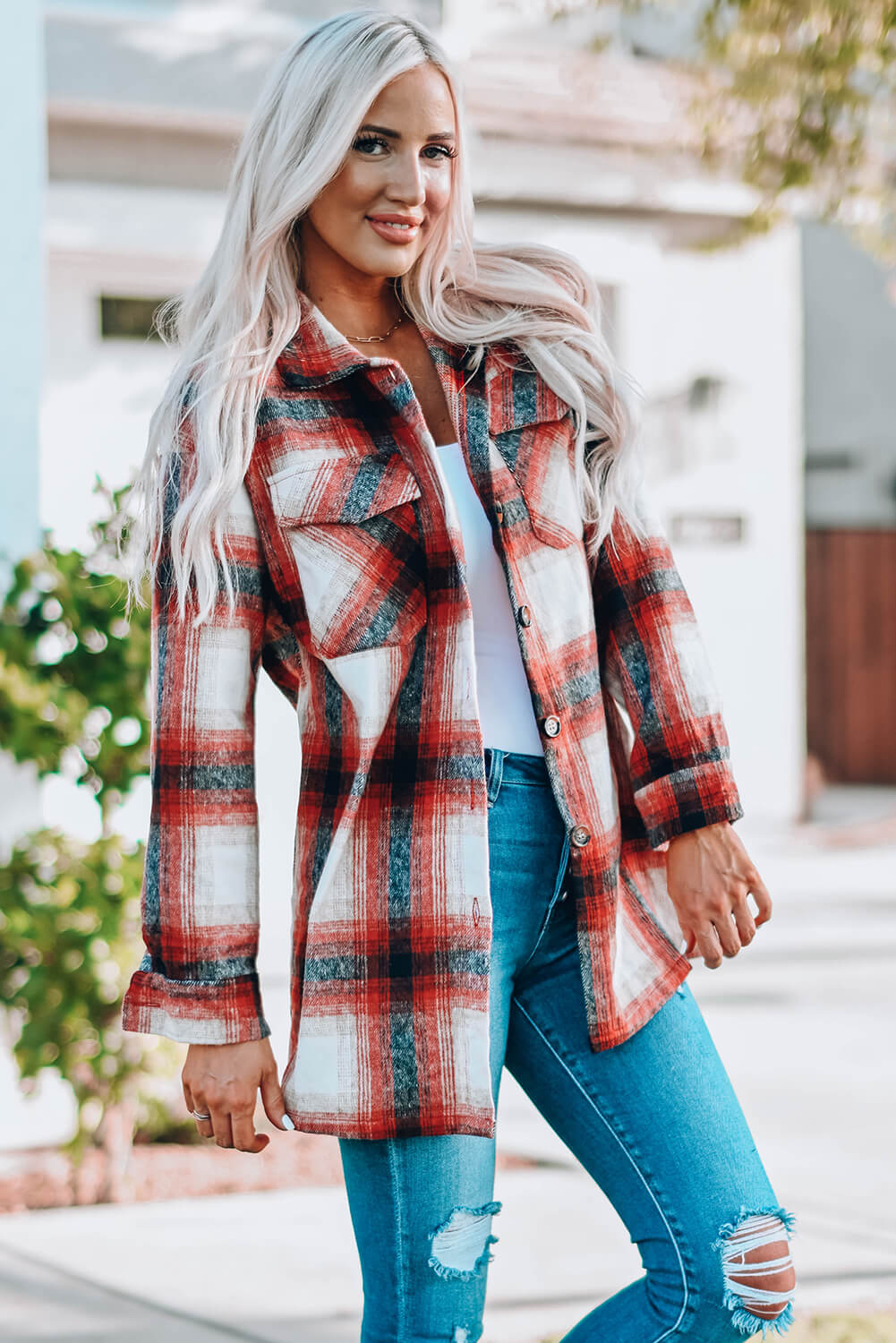 Plaid Button Up Shirt Jacket with Pockets Ins Street