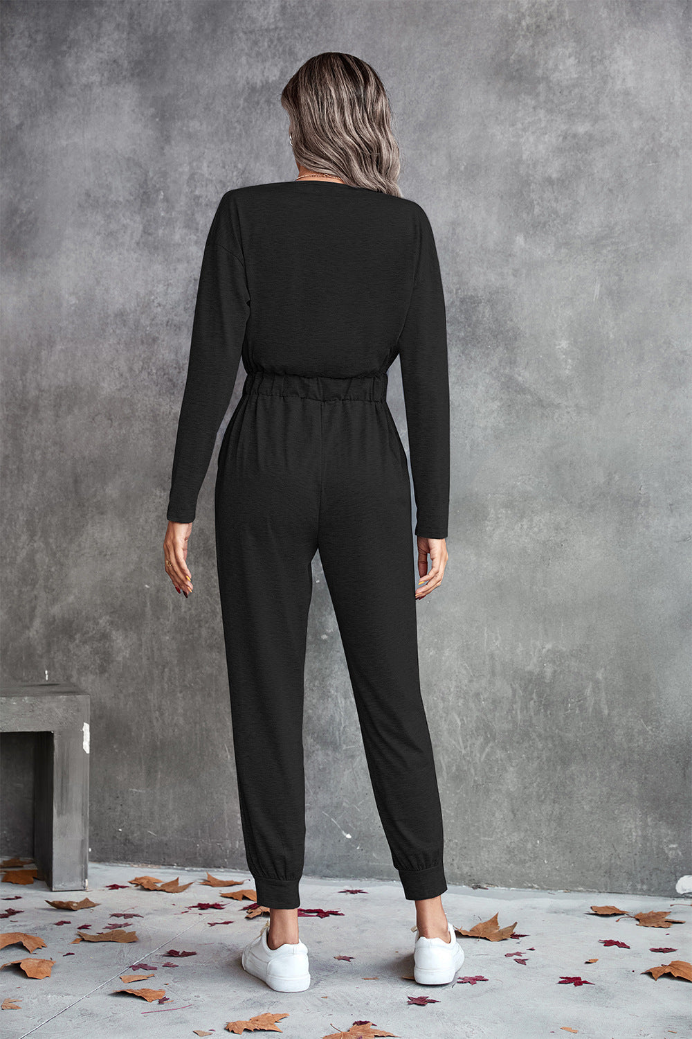 Drawstring Waist Surplice Long Sleeve Jumpsuit Ins Street