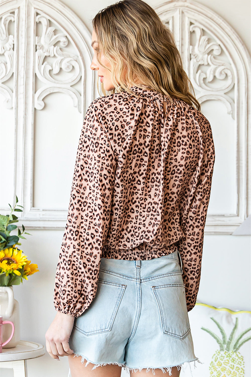 Leopard Smocked Mock Neck Blouse Ins Street