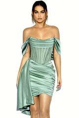 Kendal Basil Satin Draping Off Shoulder Corset Dress Ins Street