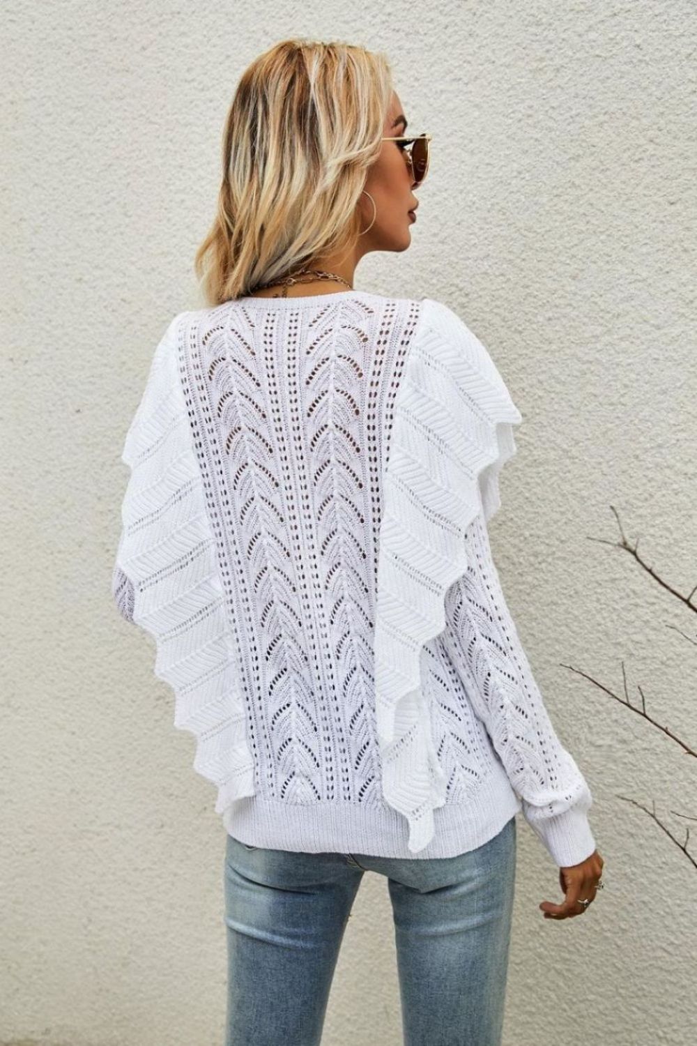 Openwork Round Neck Ruffled Sweater Ins Street