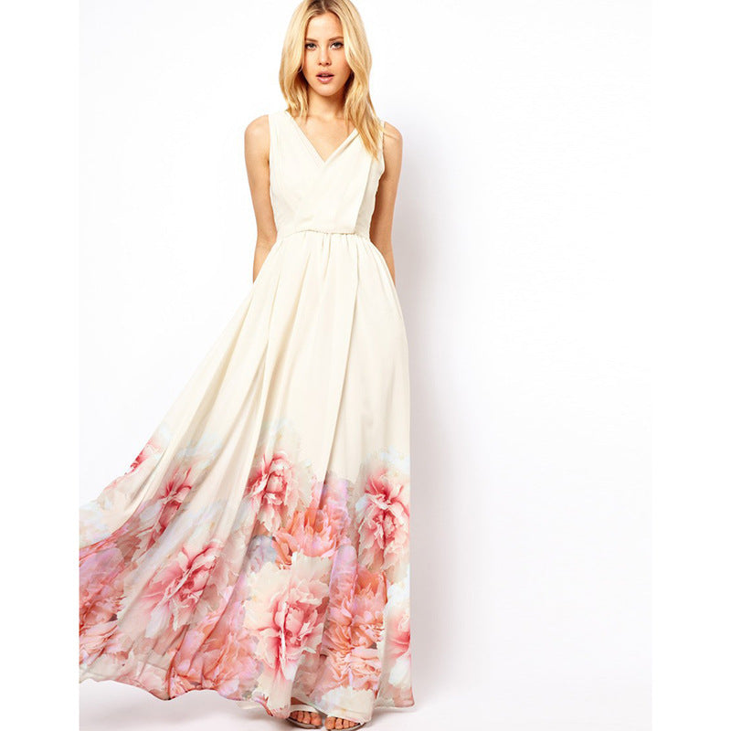 Bohemian Sleeveless Deep V Neck Flower Print Long Dress ins