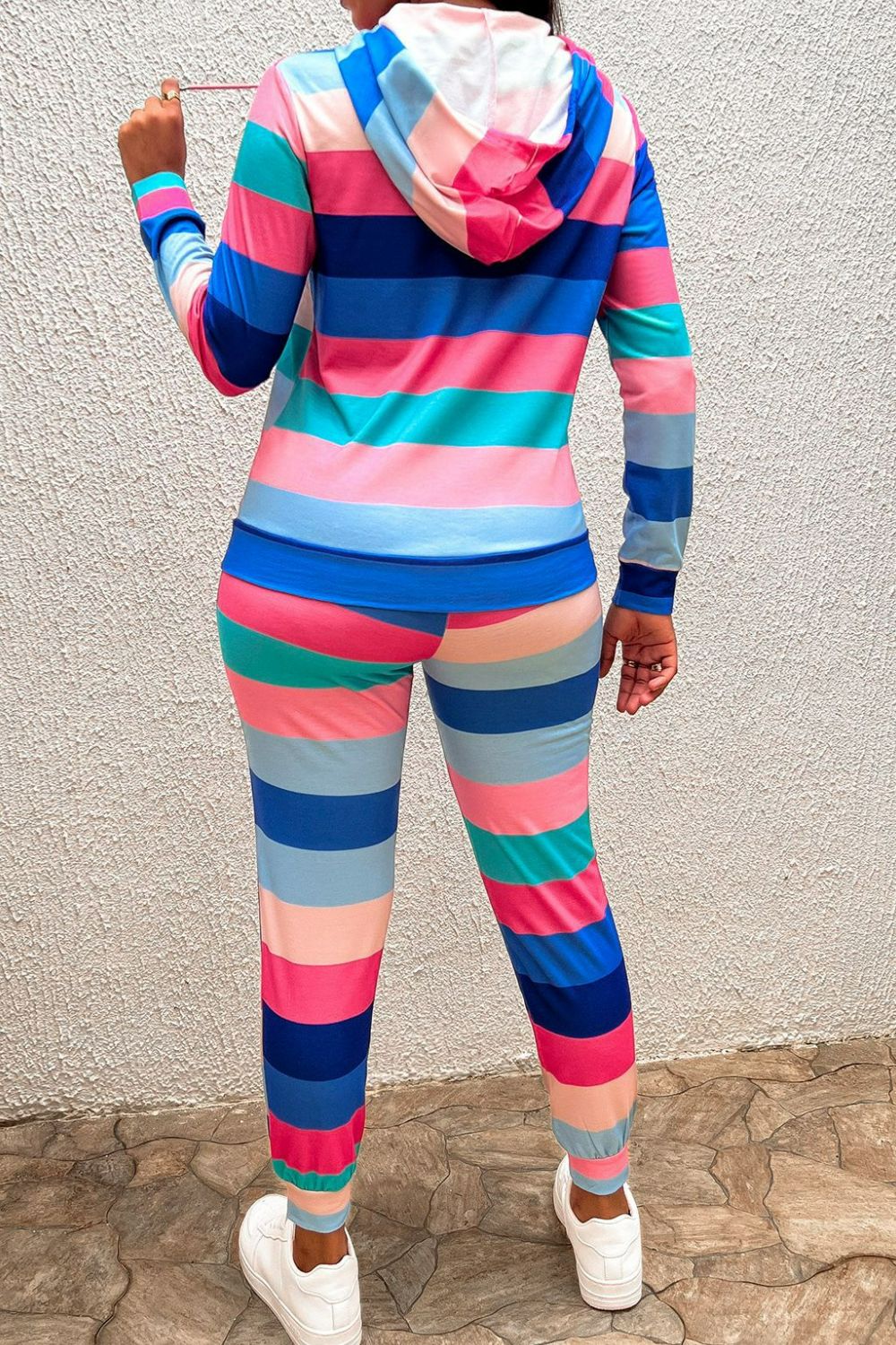 Multicolored Patchwork Drawstring Detail Hoodie and Joggers Set Ins Street