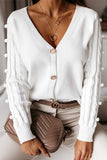 White Button Down V-Neck Cardigan with Cable Knit Sleeves Ins street