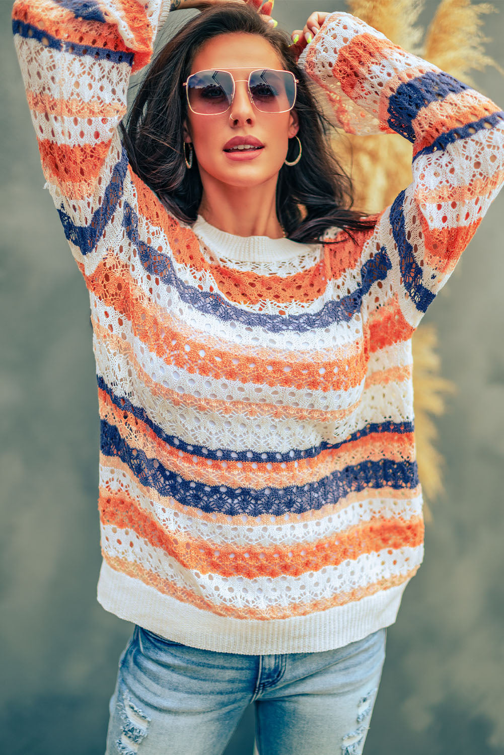 Multicolored Stripe Openwork Knit Pullover Ins Street