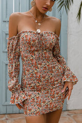 Floral Off-Shoulder Shirred Back Bodycon Dress Ins street