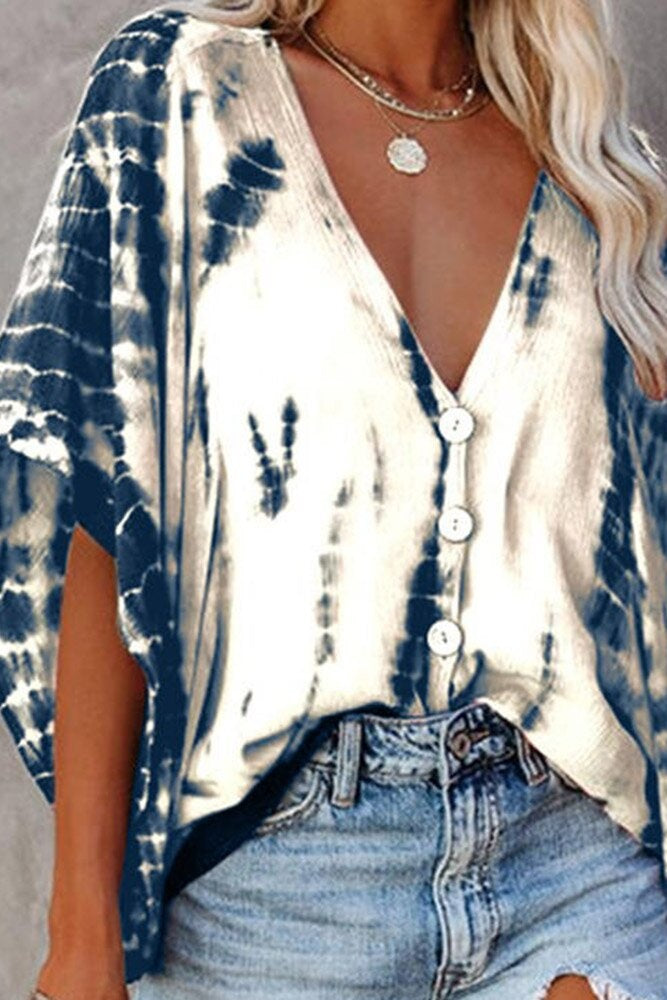 Blue Tie-Dye Print Batwing Sleeve Blouse Ins street