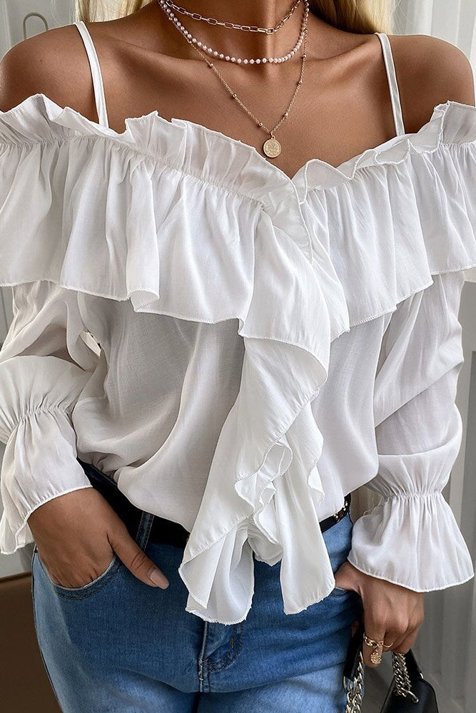 White Cold Shoulder Pleated Ruffle Bell Sleeve Blouse Ins street