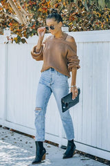Camel Brown Malia Cold Shoulder Knit Sweater Ins street