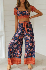 Floral Crop Top & Wide Legs Pants Two-Piece Set Ins street