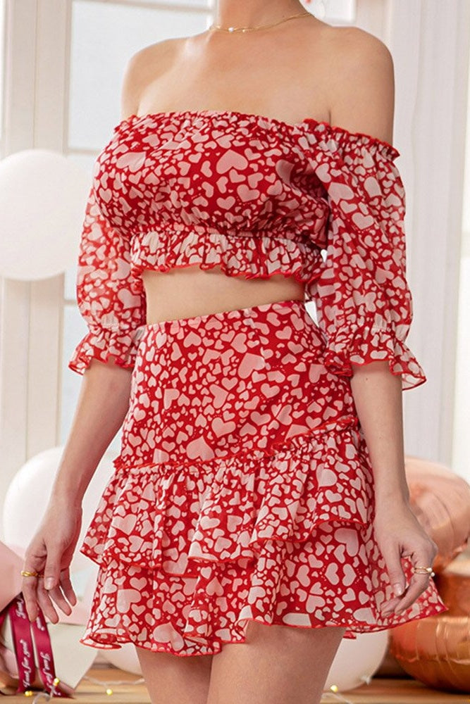 Heart Print Off-Shoulder Top & Skirt Coord Two-Piece Set Ins street