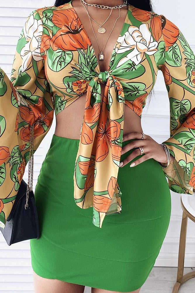 Tropical Print Top Skirt Set Ins street