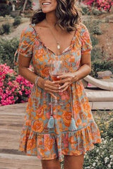 Floral Scoop Neck Tassel Dress Ins street