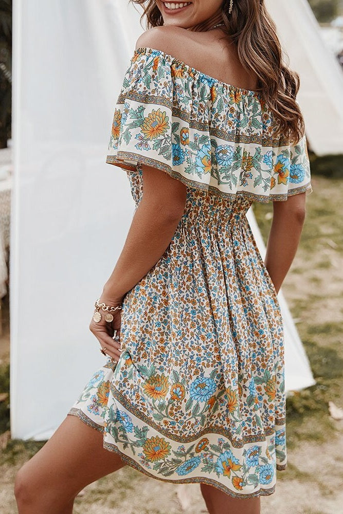 Floral Off-Shoulder Frill Mini Dress Ins street