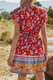 Red Floral Flare Sleeve Bow-Tie Front Mini Dress Ins street