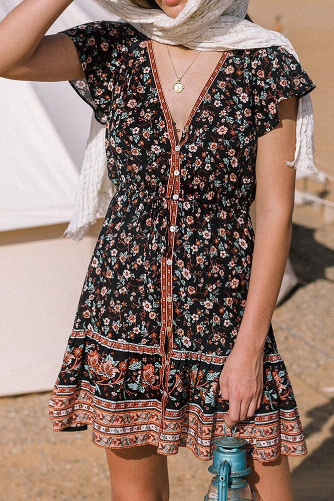 Floral Ruffle Button Down Mini Dress Ins street