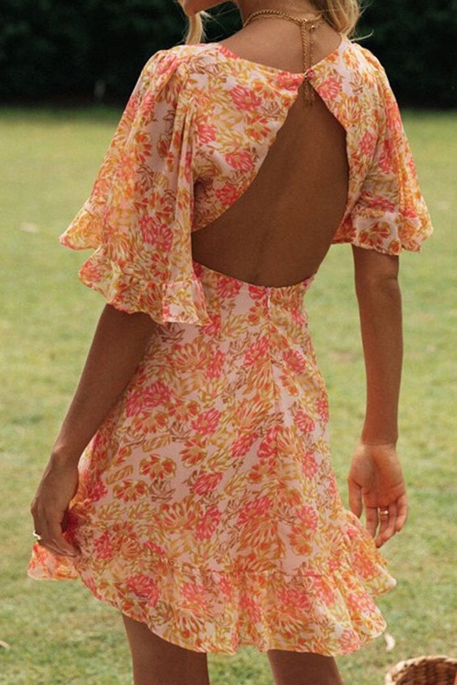 Orange Floral Flare Sleeves Open Back Mini Dress Ins street