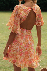 Orange Floral Flare Sleeves Open Back Mini Dress Ins street