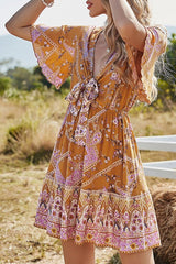Multicolor V-Neck Flare Sleeve High Waist Knot Dress Ins street