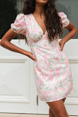 Floral V-Neck Puff Sleeve Dress Ins street